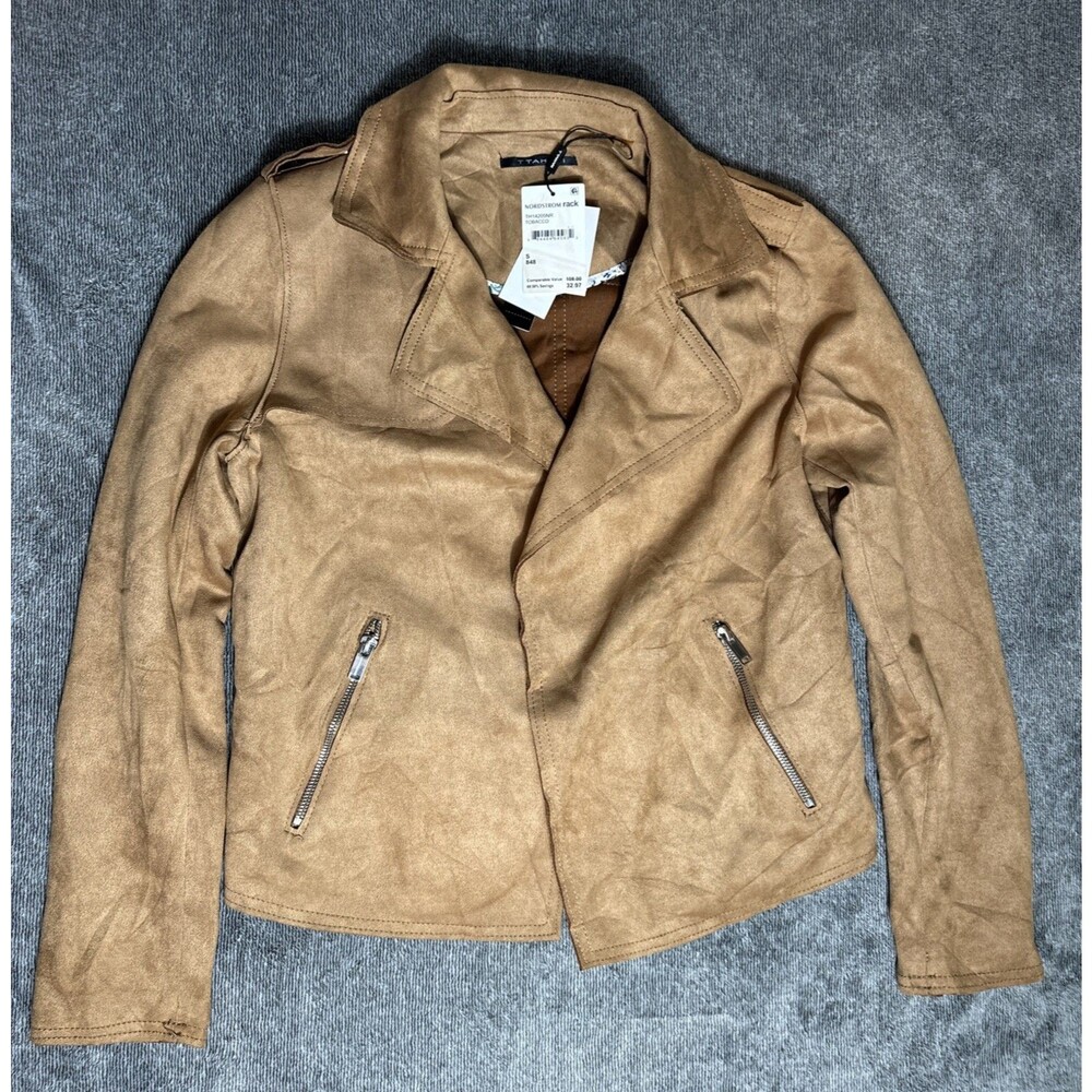 T Tahari Faux Leather Jacket Womens Small Tobacco Pockets Open Front Moto Style